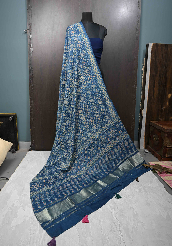 Dupatta:  Blue Ajrakh Hand Block Dupatta on Modal Silk
