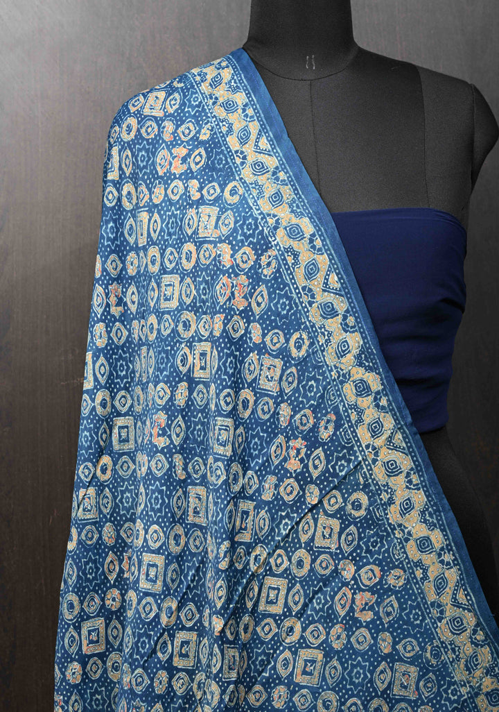 Dupatta:  Blue Ajrakh Hand Block Dupatta on Modal Silk