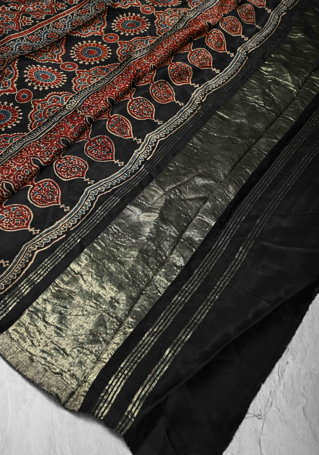 Dupatta: Black Ajrakh Hand Block Dupatta on Modal Silk