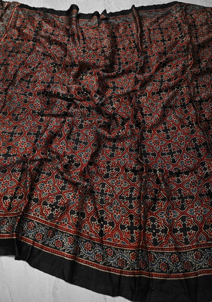 Dupatta: Black Ajrakh Hand Block Dupatta on Modal Silk