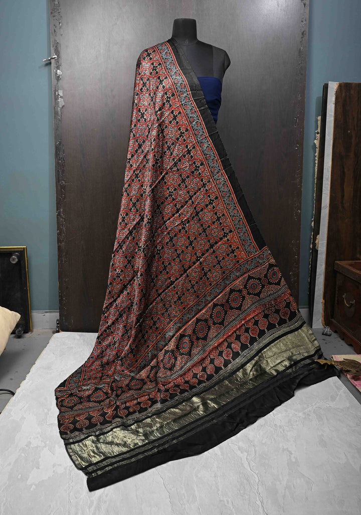 Dupatta: Black Ajrakh Hand Block Dupatta on Modal Silk
