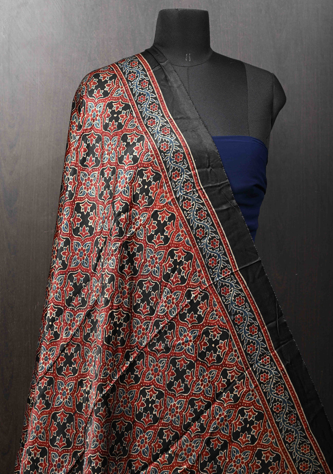 Dupatta: Black Ajrakh Hand Block Dupatta on Modal Silk
