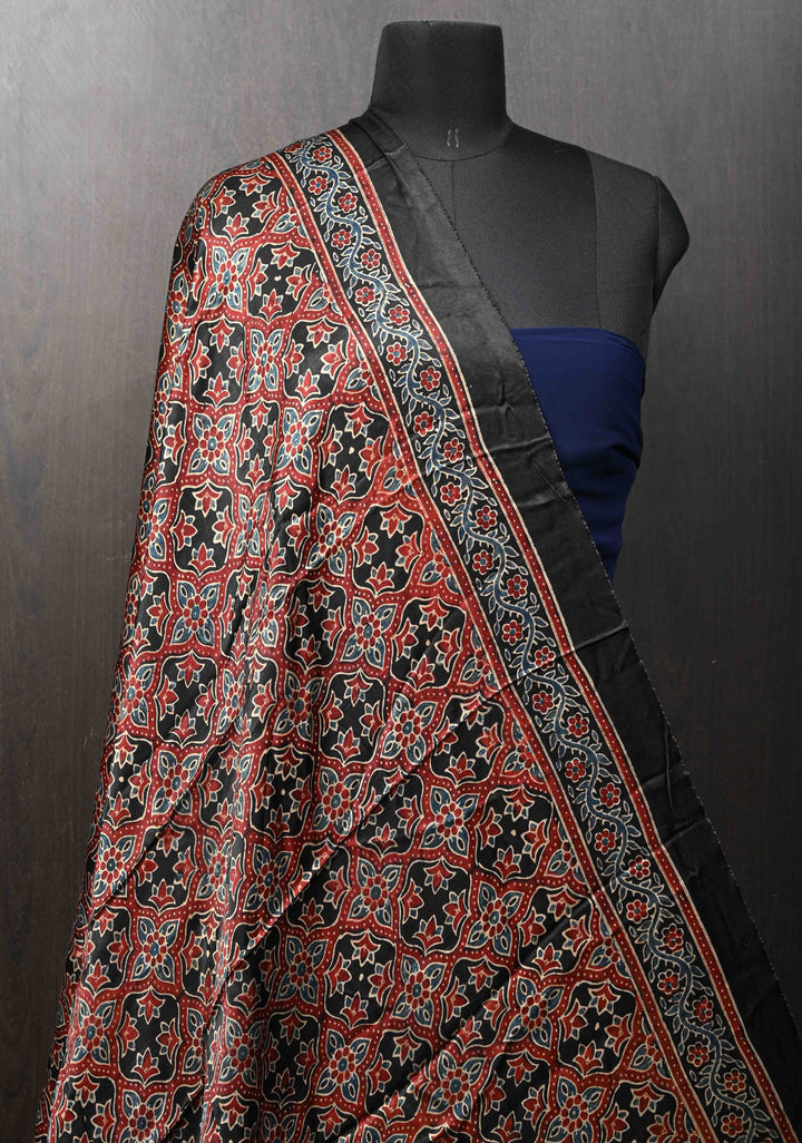 Dupatta: Black Ajrakh Hand Block Dupatta on Modal Silk