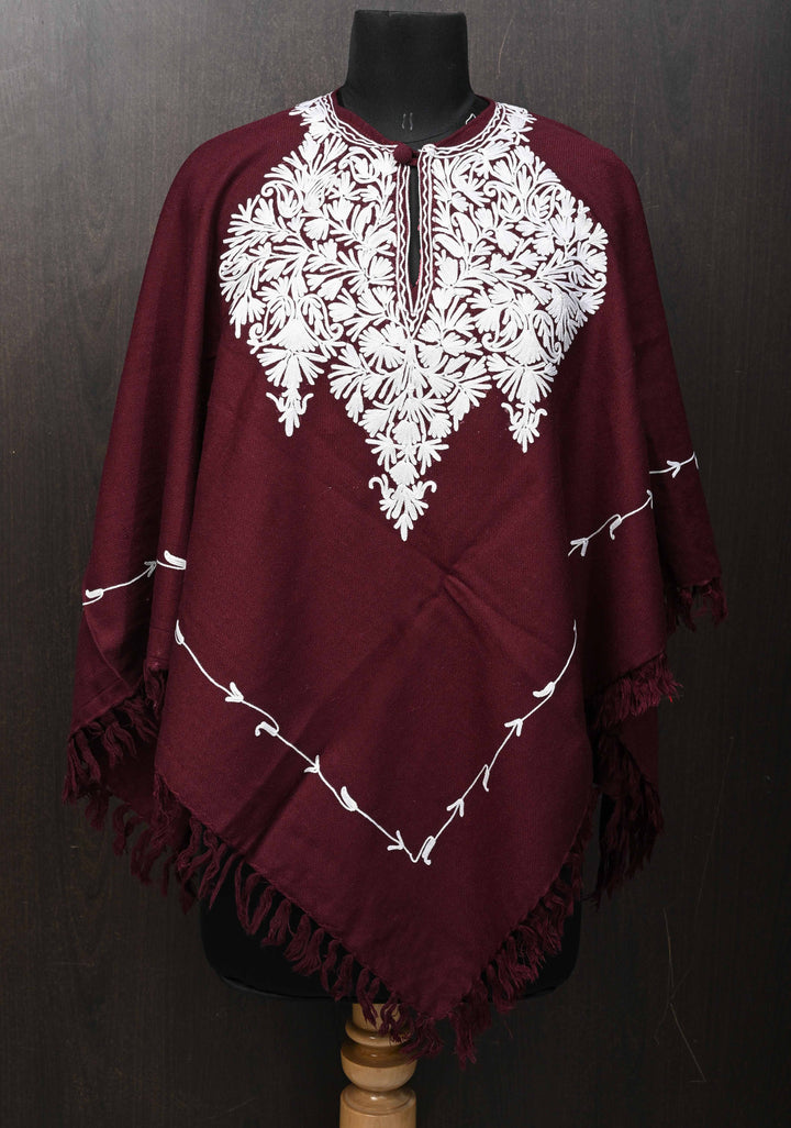 Vine Purple Polywool Poncho with Kashmiri Aari Design and Tassels - one size fits most