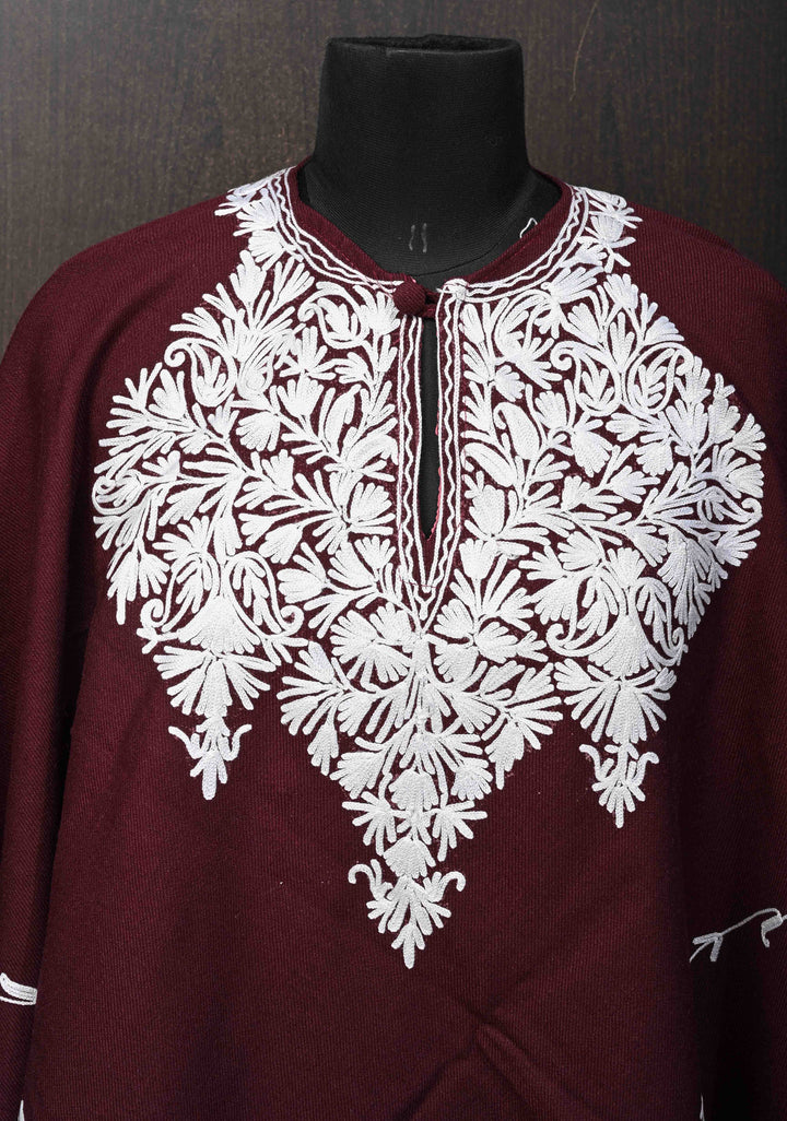 Vine Purple Polywool Poncho with Kashmiri Aari Design and Tassels - one size fits most