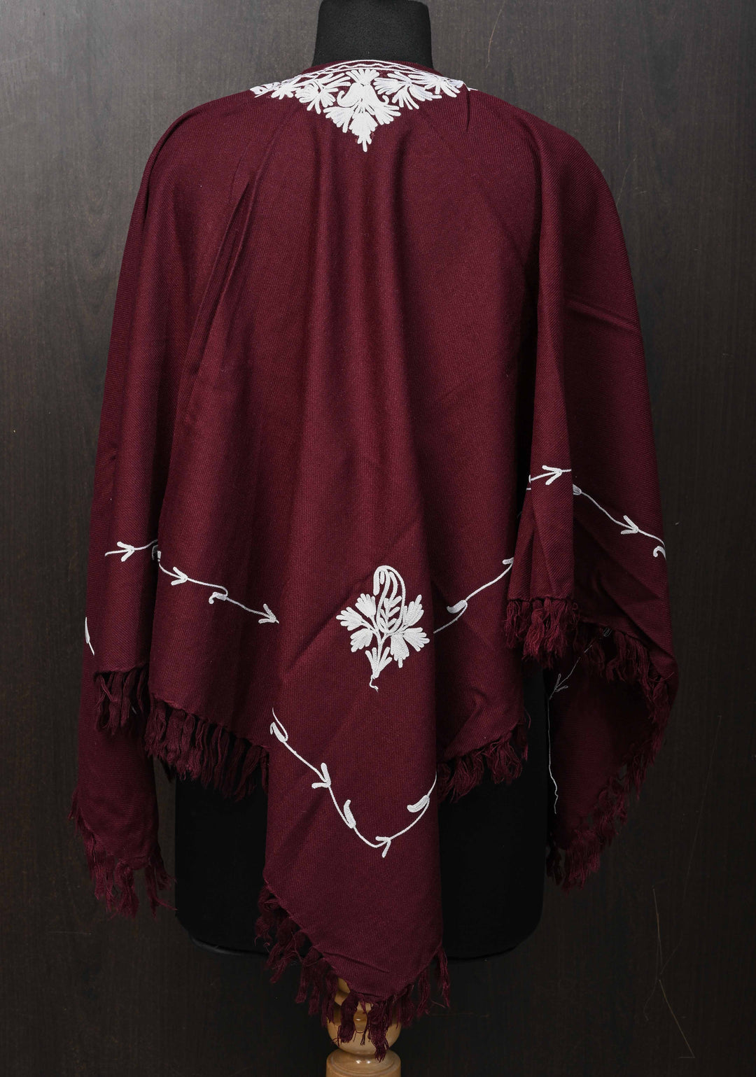 Vine Purple Polywool Poncho with Kashmiri Aari Design and Tassels - one size fits most