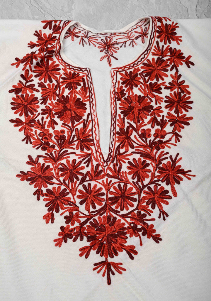 White Polywool Poncho with Kashmiri Aari Design and Tassels - one size fits most