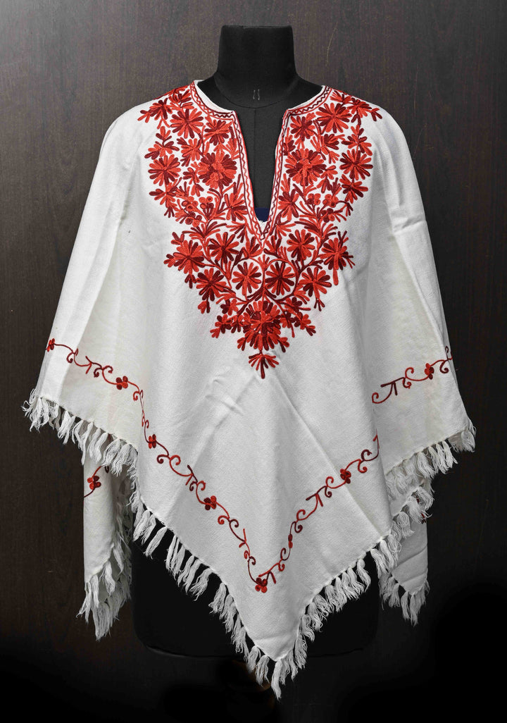 White Polywool Poncho with Kashmiri Aari Design and Tassels - one size fits most