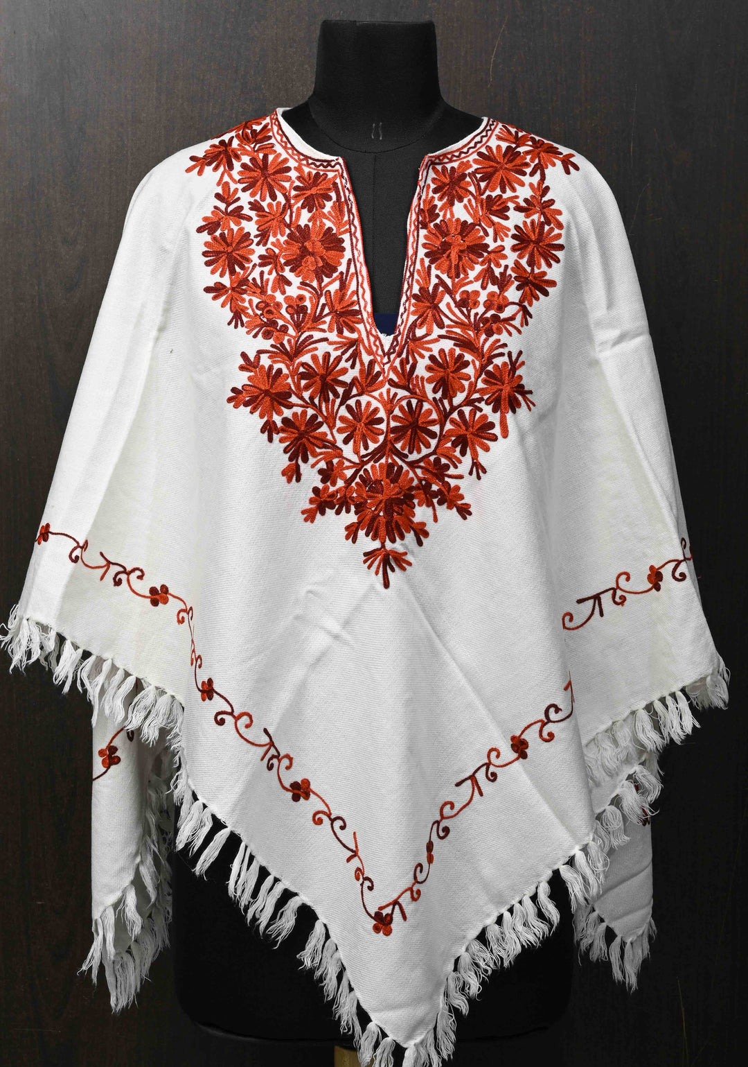 White Polywool Poncho with Kashmiri Aari Design and Tassels - one size fits most