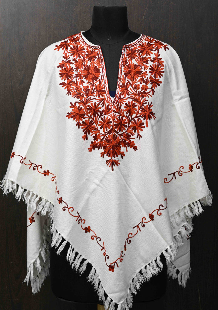 White Polywool Poncho with Kashmiri Aari Design and Tassels - one size fits most
