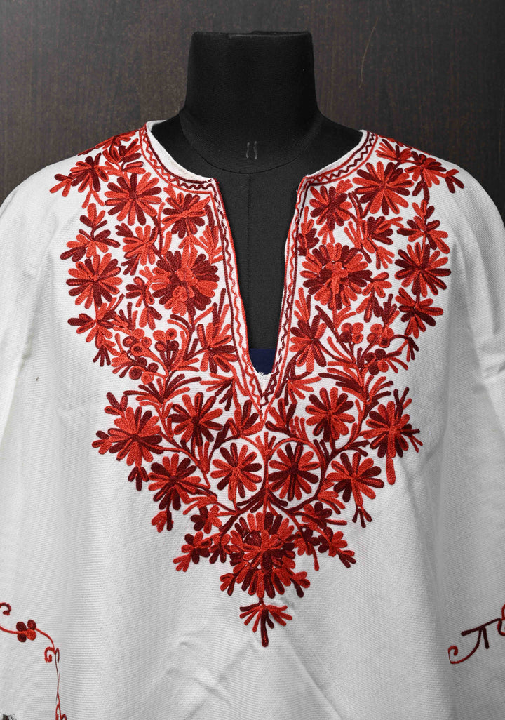White Polywool Poncho with Kashmiri Aari Design and Tassels - one size fits most