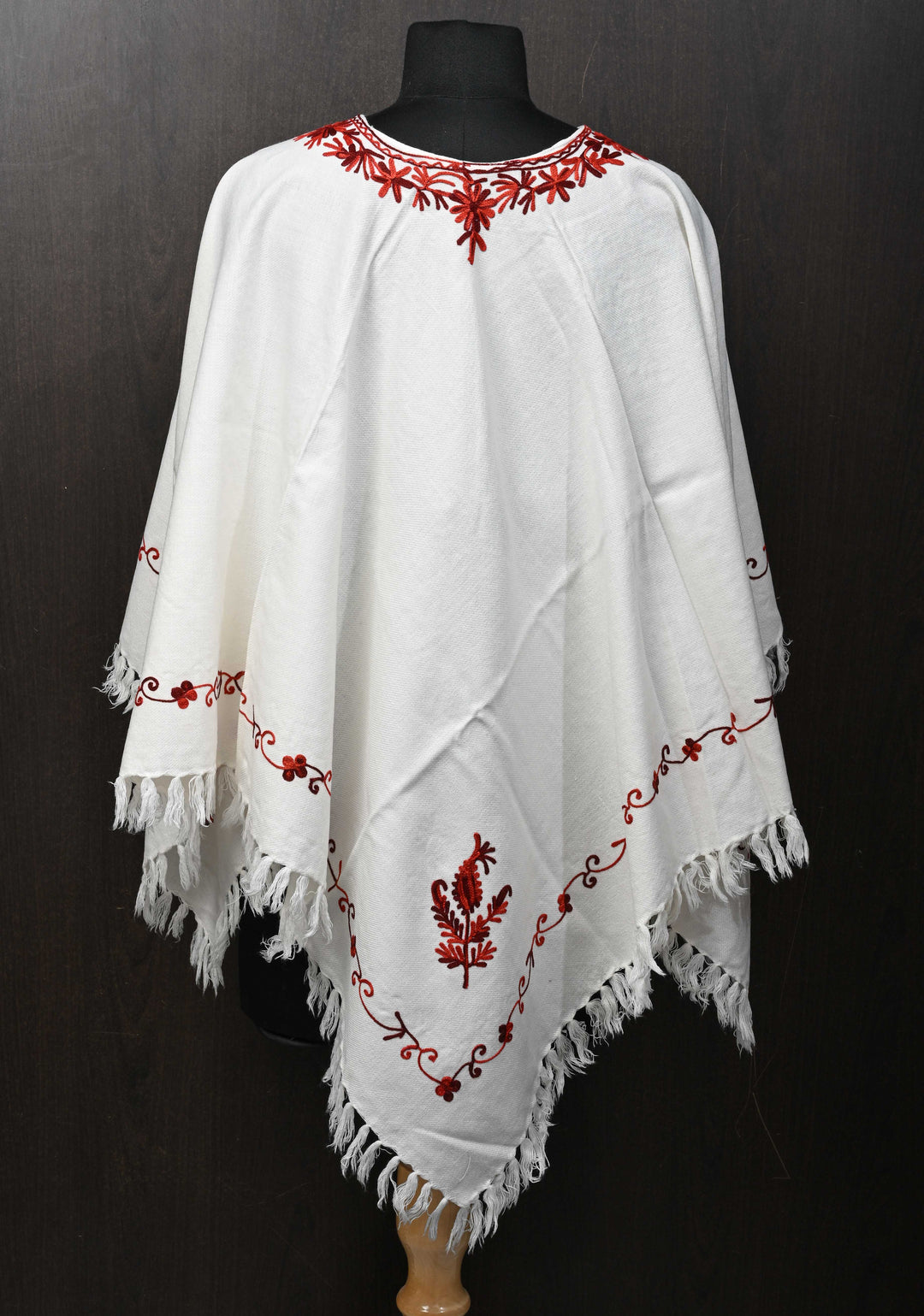White Polywool Poncho with Kashmiri Aari Design and Tassels - one size fits most