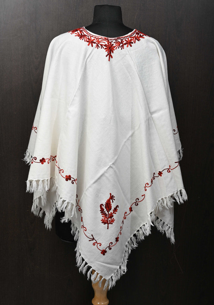 White Polywool Poncho with Kashmiri Aari Design and Tassels - one size fits most