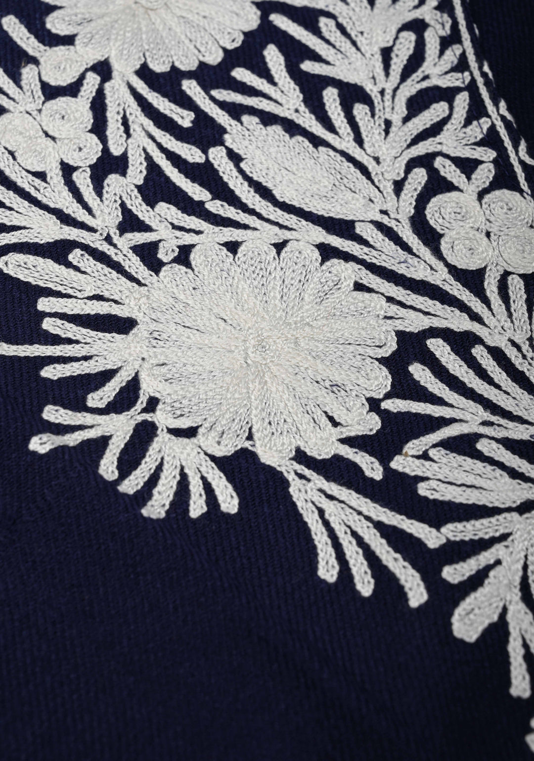 Midnight Blue Polywool Poncho with Kashmiri Aari Design and Tassels - one size fits most