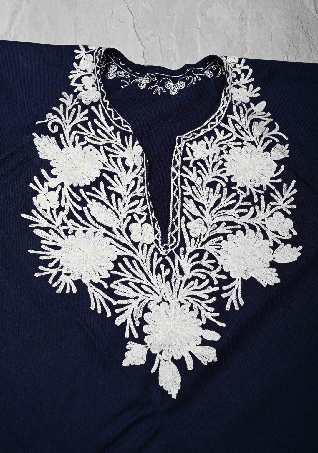 Midnight Blue Polywool Poncho with Kashmiri Aari Design and Tassels - one size fits most