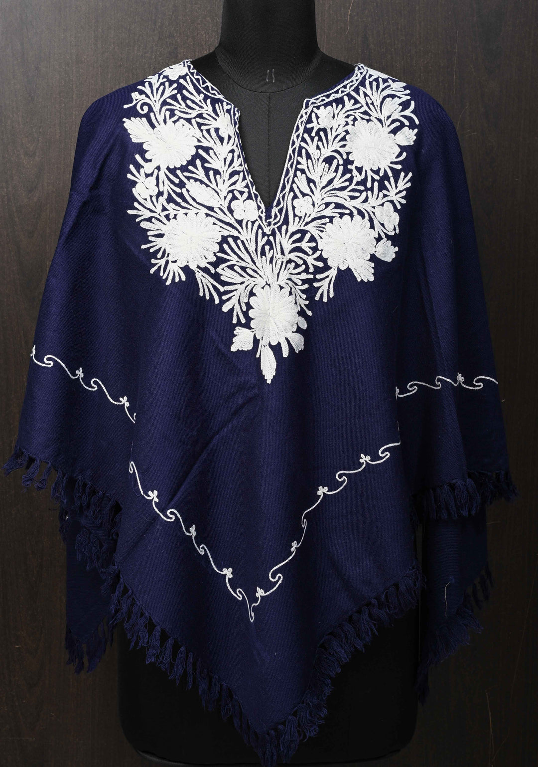 Midnight Blue Polywool Poncho with Kashmiri Aari Design and Tassels - one size fits most