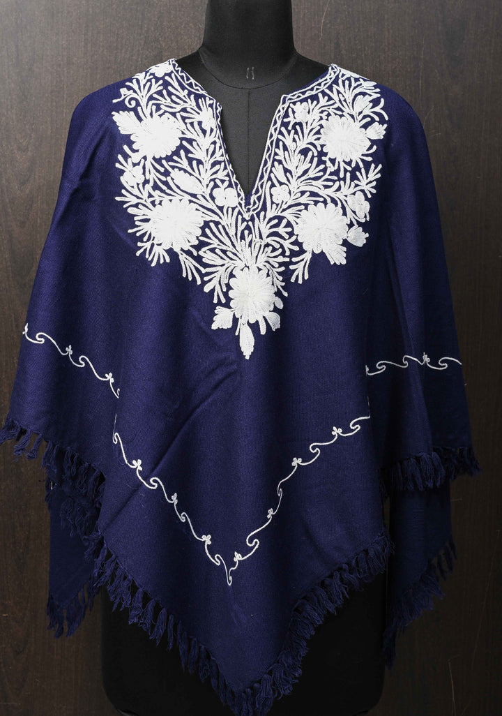 Midnight Blue Polywool Poncho with Kashmiri Aari Design and Tassels - one size fits most