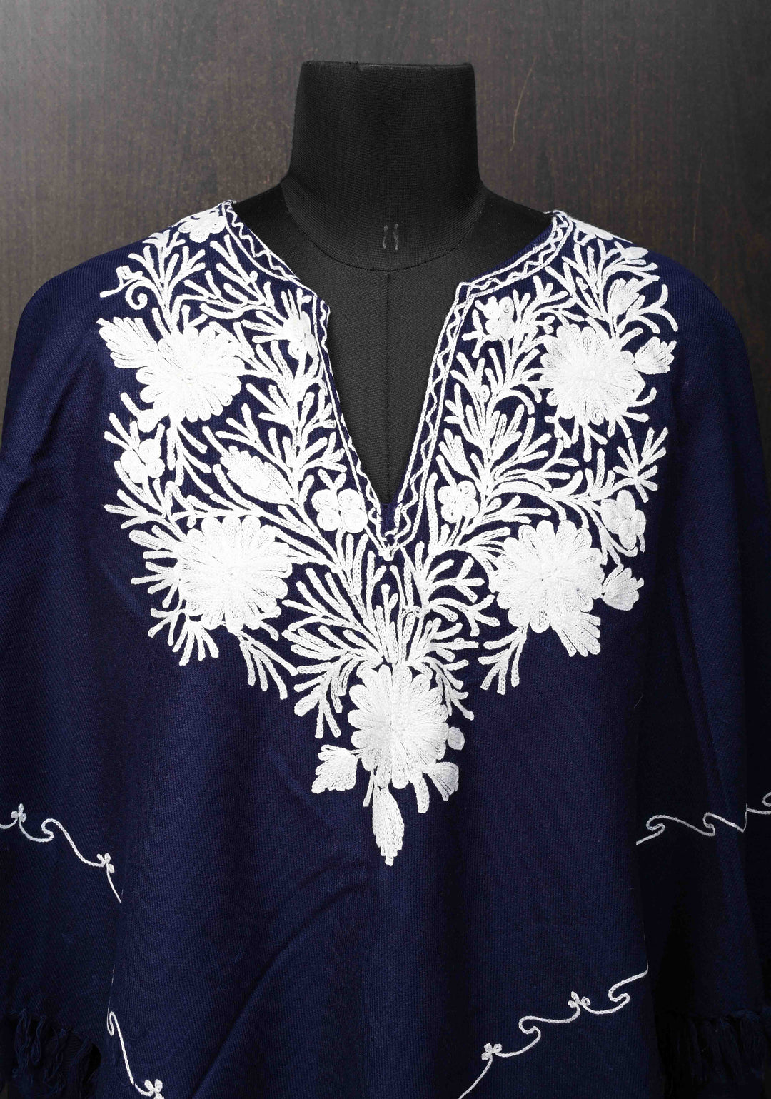 Midnight Blue Polywool Poncho with Kashmiri Aari Design and Tassels - one size fits most