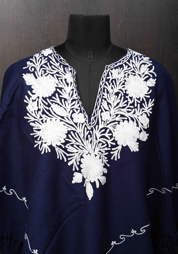 Midnight Blue Polywool Poncho with Kashmiri Aari Design and Tassels - one size fits most