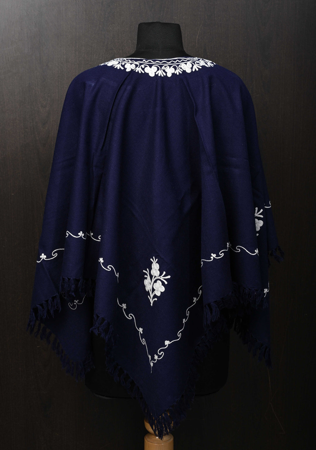 Midnight Blue Polywool Poncho with Kashmiri Aari Design and Tassels - one size fits most
