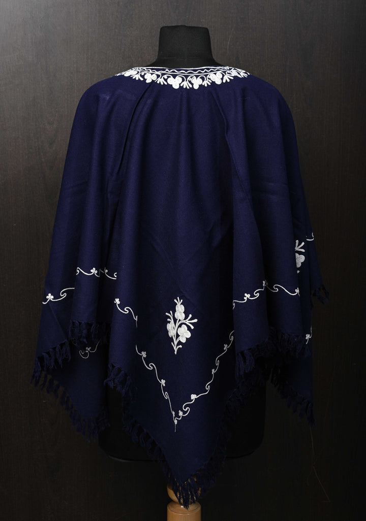 Midnight Blue Polywool Poncho with Kashmiri Aari Design and Tassels - one size fits most