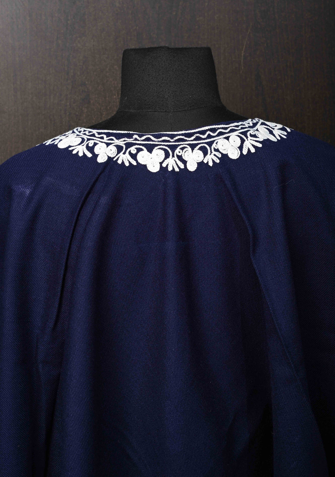 Midnight Blue Polywool Poncho with Kashmiri Aari Design and Tassels - one size fits most