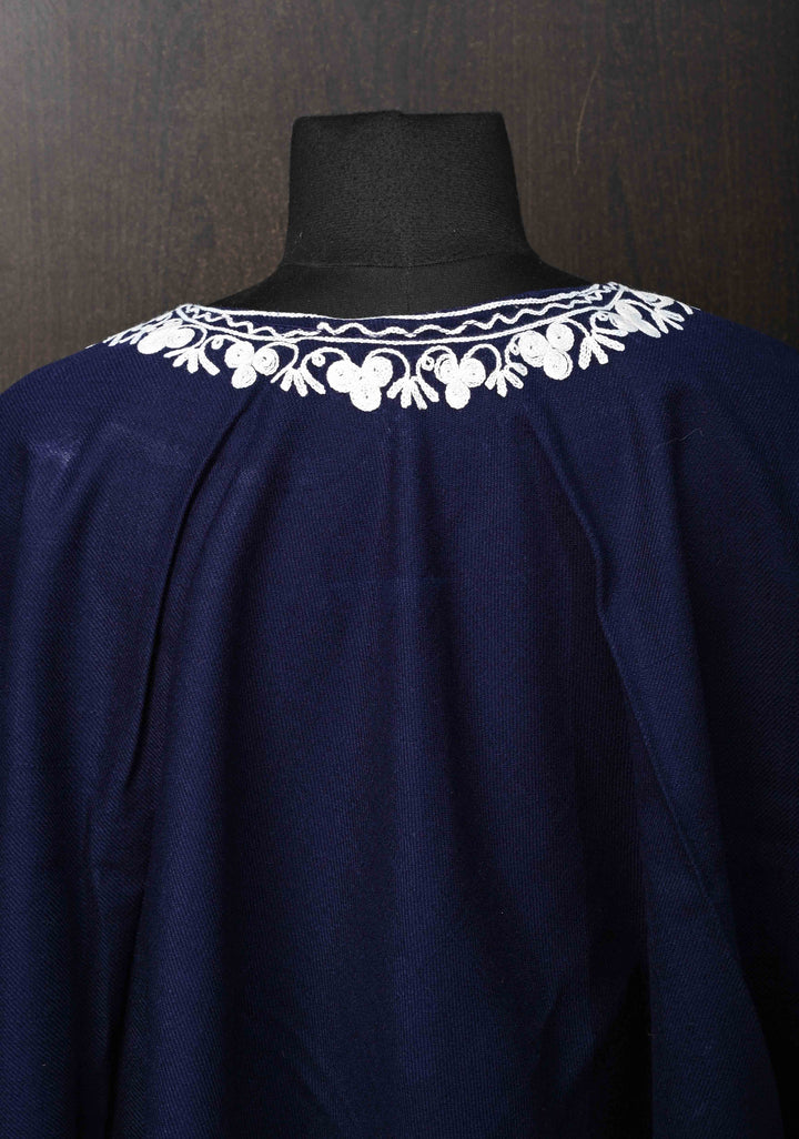 Midnight Blue Polywool Poncho with Kashmiri Aari Design and Tassels - one size fits most
