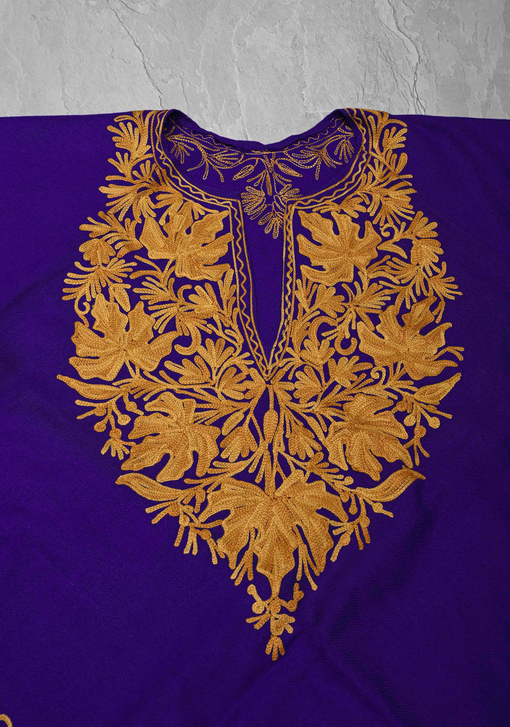 Blue Polywool Poncho with Kashmiri Aari Design and Tassels - one size fits most
