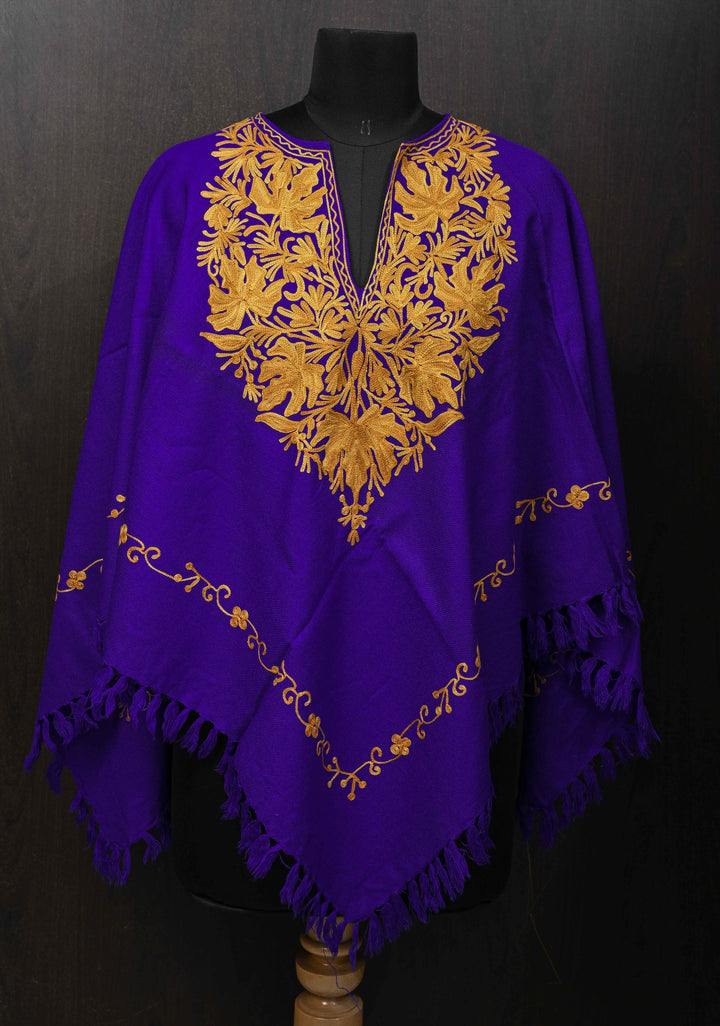 Blue Polywool Poncho with Kashmiri Aari Design and Tassels - one size fits most