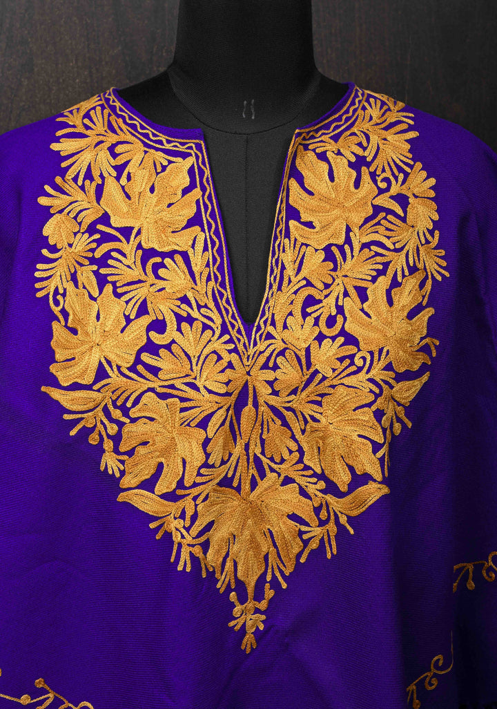 Blue Polywool Poncho with Kashmiri Aari Design and Tassels - one size fits most