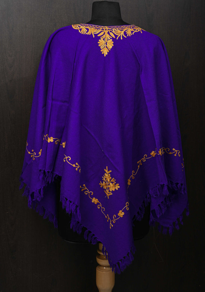 Blue Polywool Poncho with Kashmiri Aari Design and Tassels - one size fits most