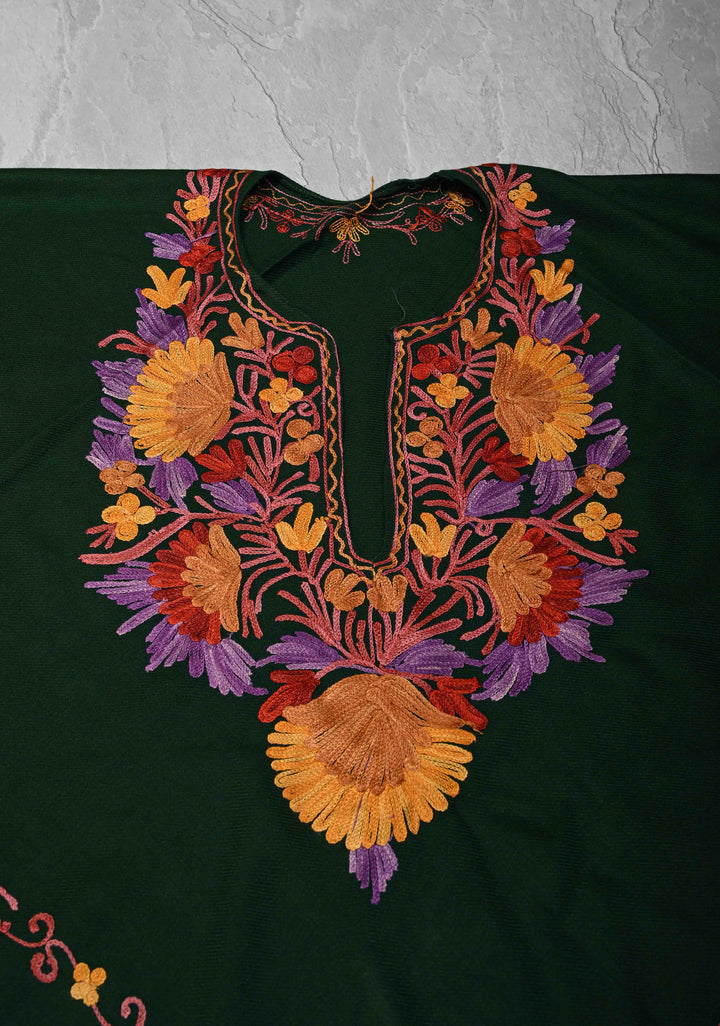 Green Polywool Poncho with Kashmiri Aari Design and Tassels - one size fits most