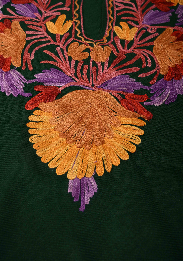 Green Polywool Poncho with Kashmiri Aari Design and Tassels - one size fits most