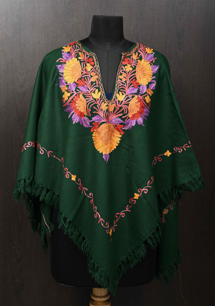 Green Polywool Poncho with Kashmiri Aari Design and Tassels - one size fits most