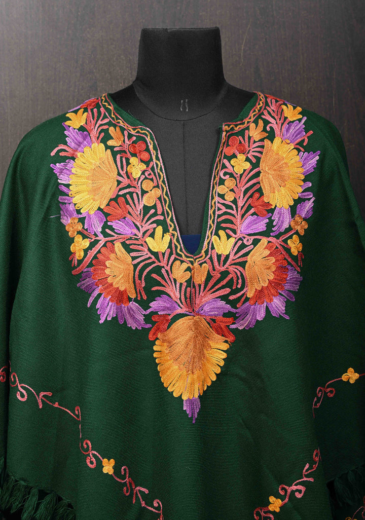 Green Polywool Poncho with Kashmiri Aari Design and Tassels - one size fits most