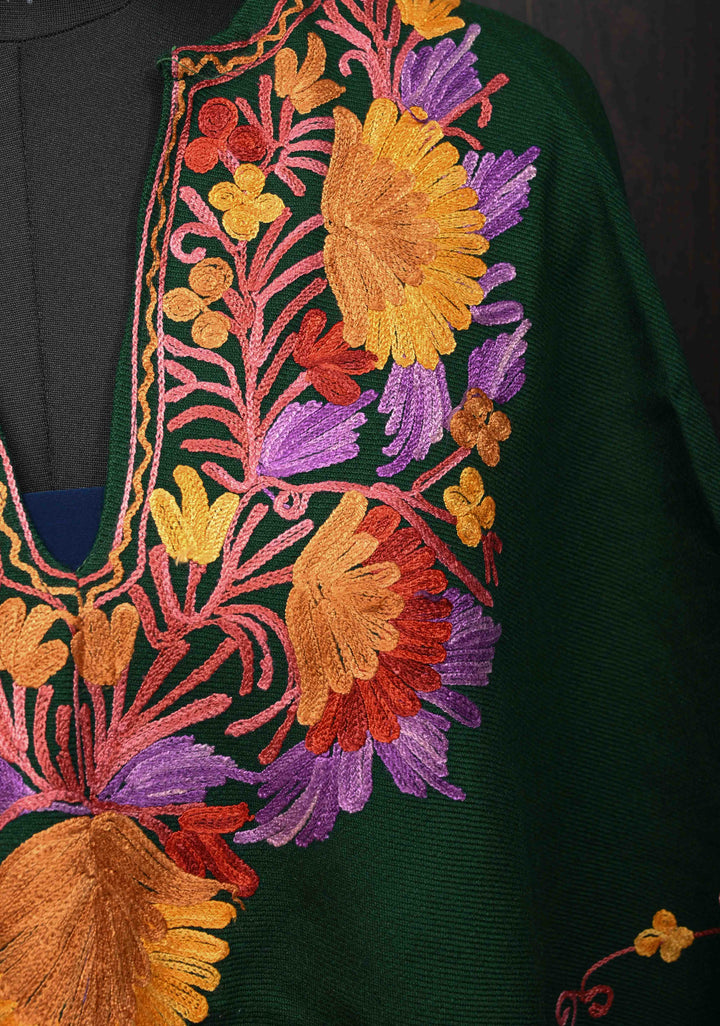 Green Polywool Poncho with Kashmiri Aari Design and Tassels - one size fits most
