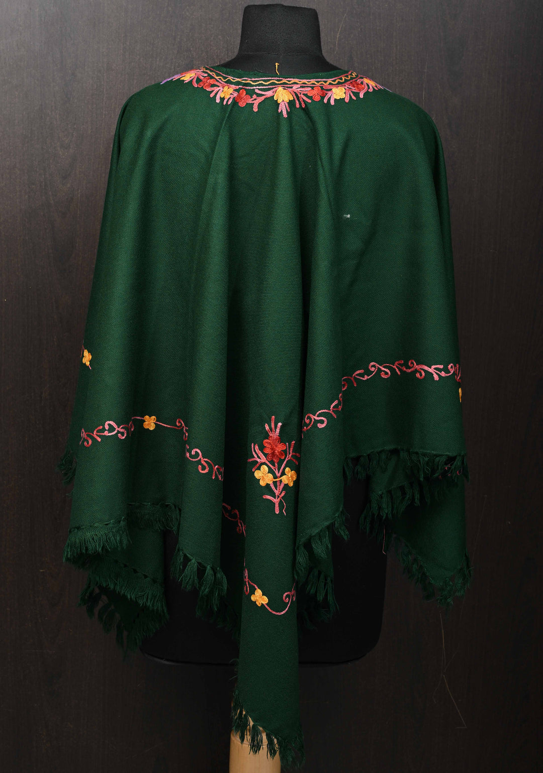 Green Polywool Poncho with Kashmiri Aari Design and Tassels - one size fits most
