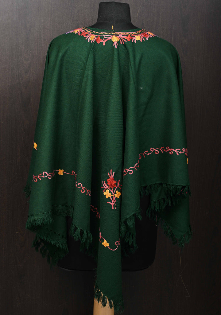 Green Polywool Poncho with Kashmiri Aari Design and Tassels - one size fits most