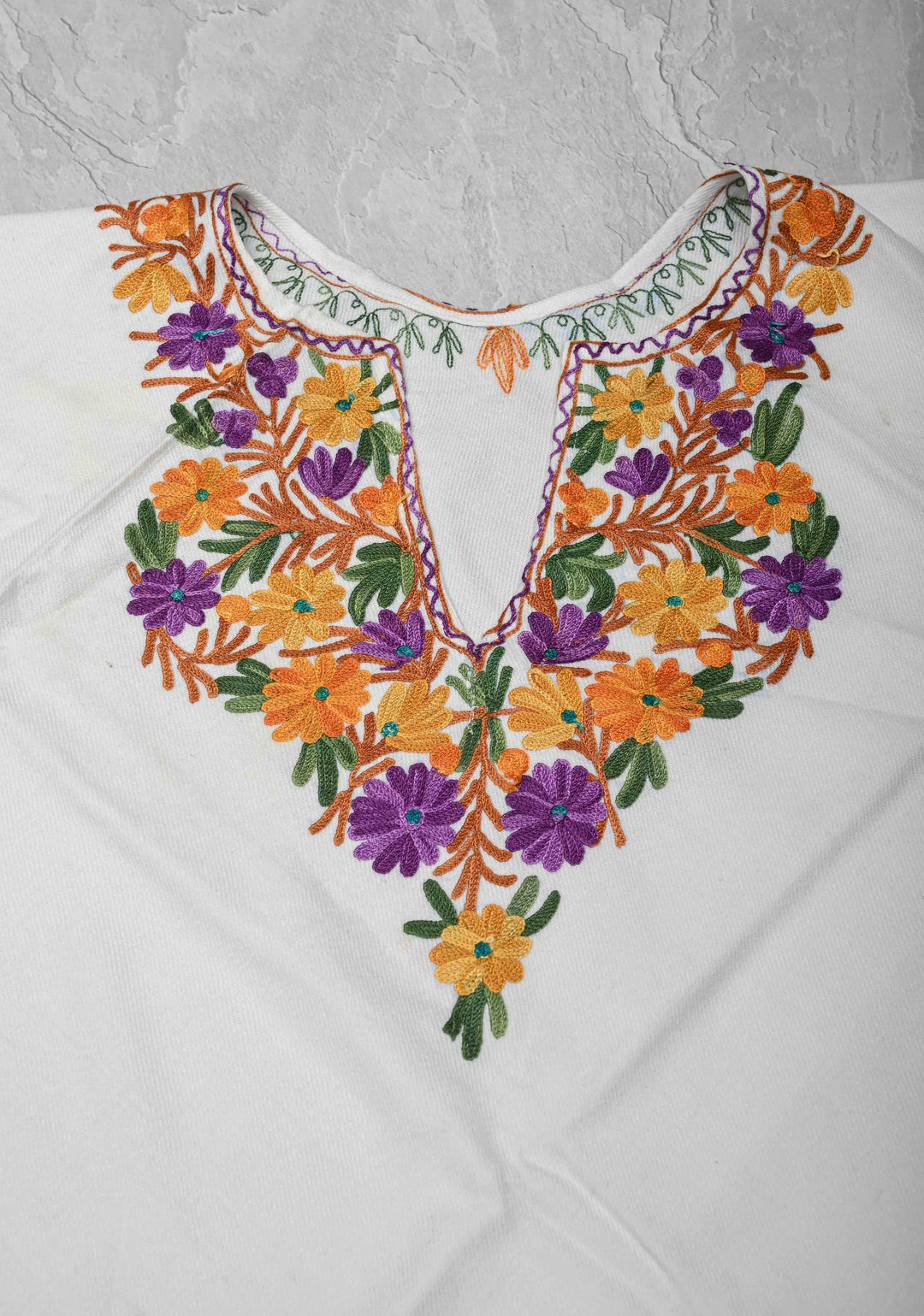 White Polywool Poncho with Kashmiri Aari Design and Tassels - one size fits most