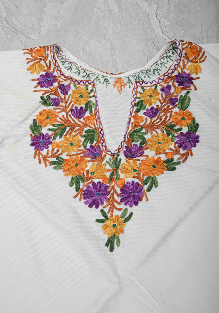 White Polywool Poncho with Kashmiri Aari Design and Tassels - one size fits most