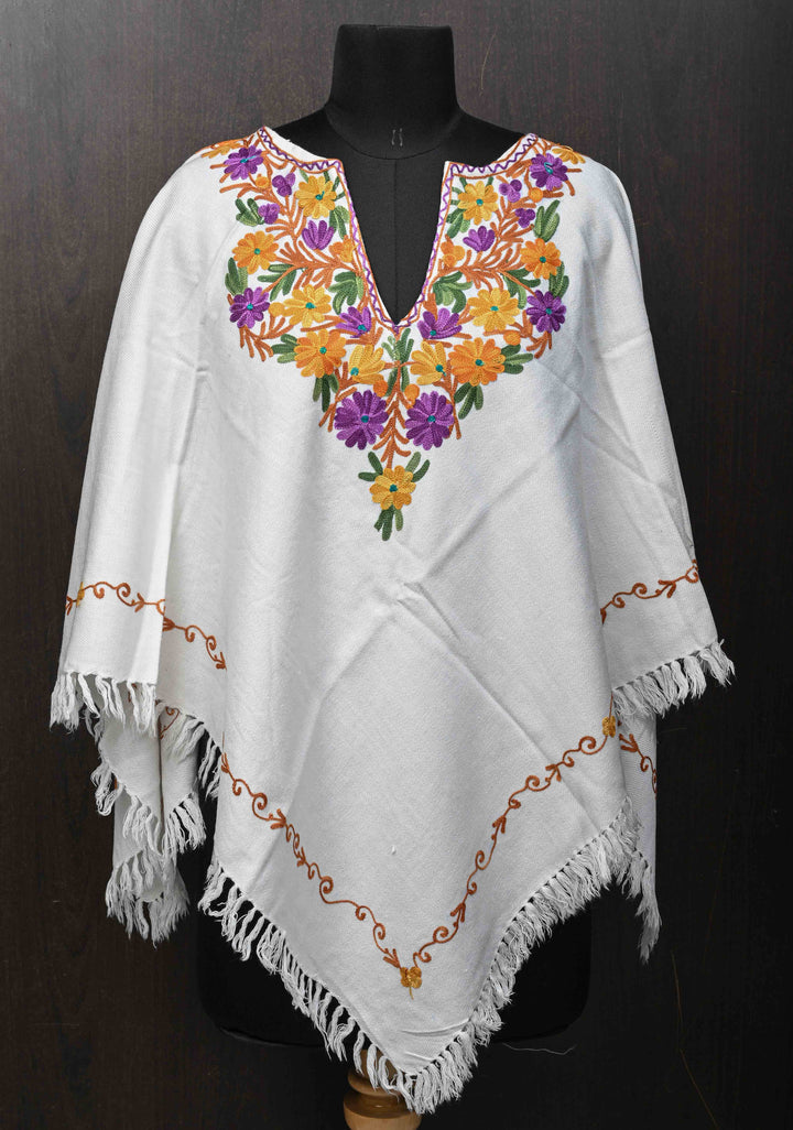 White Polywool Poncho with Kashmiri Aari Design and Tassels - one size fits most