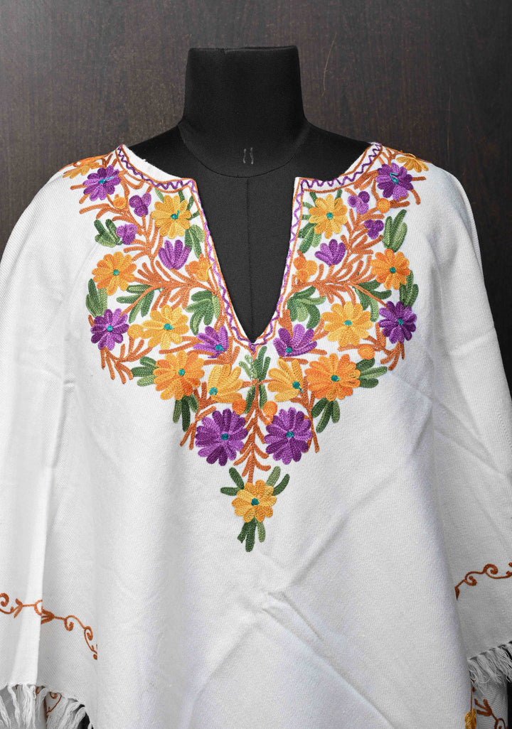 White Polywool Poncho with Kashmiri Aari Design and Tassels - one size fits most