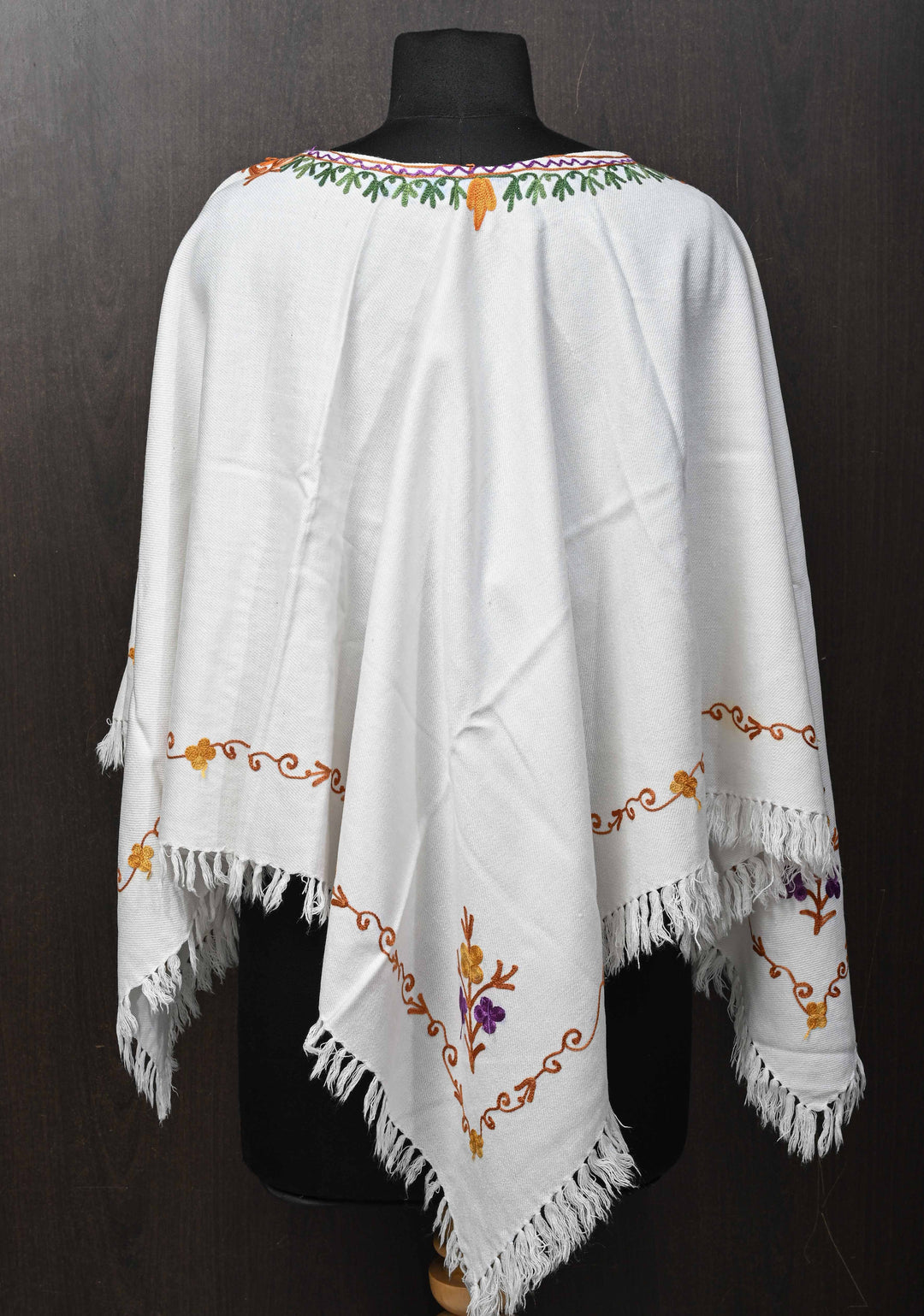 White Polywool Poncho with Kashmiri Aari Design and Tassels - one size fits most
