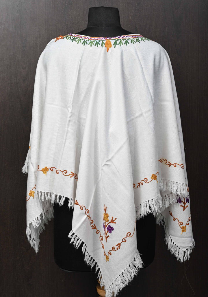 White Polywool Poncho with Kashmiri Aari Design and Tassels - one size fits most