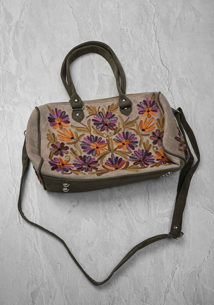 Exquisite Kashmiri Aari Embroidered Ladies Handbag in Taupe with Floral Design | SHOBITAM