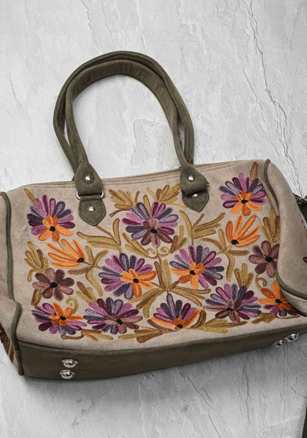 Exquisite Kashmiri Aari Embroidered Ladies Handbag in Taupe with Floral Design | SHOBITAM