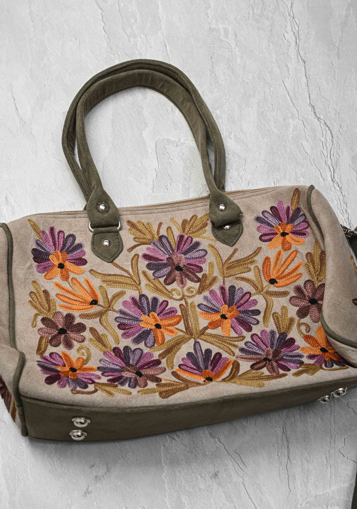 Exquisite Kashmiri Aari Embroidered Ladies Handbag in Taupe with Floral Design | SHOBITAM