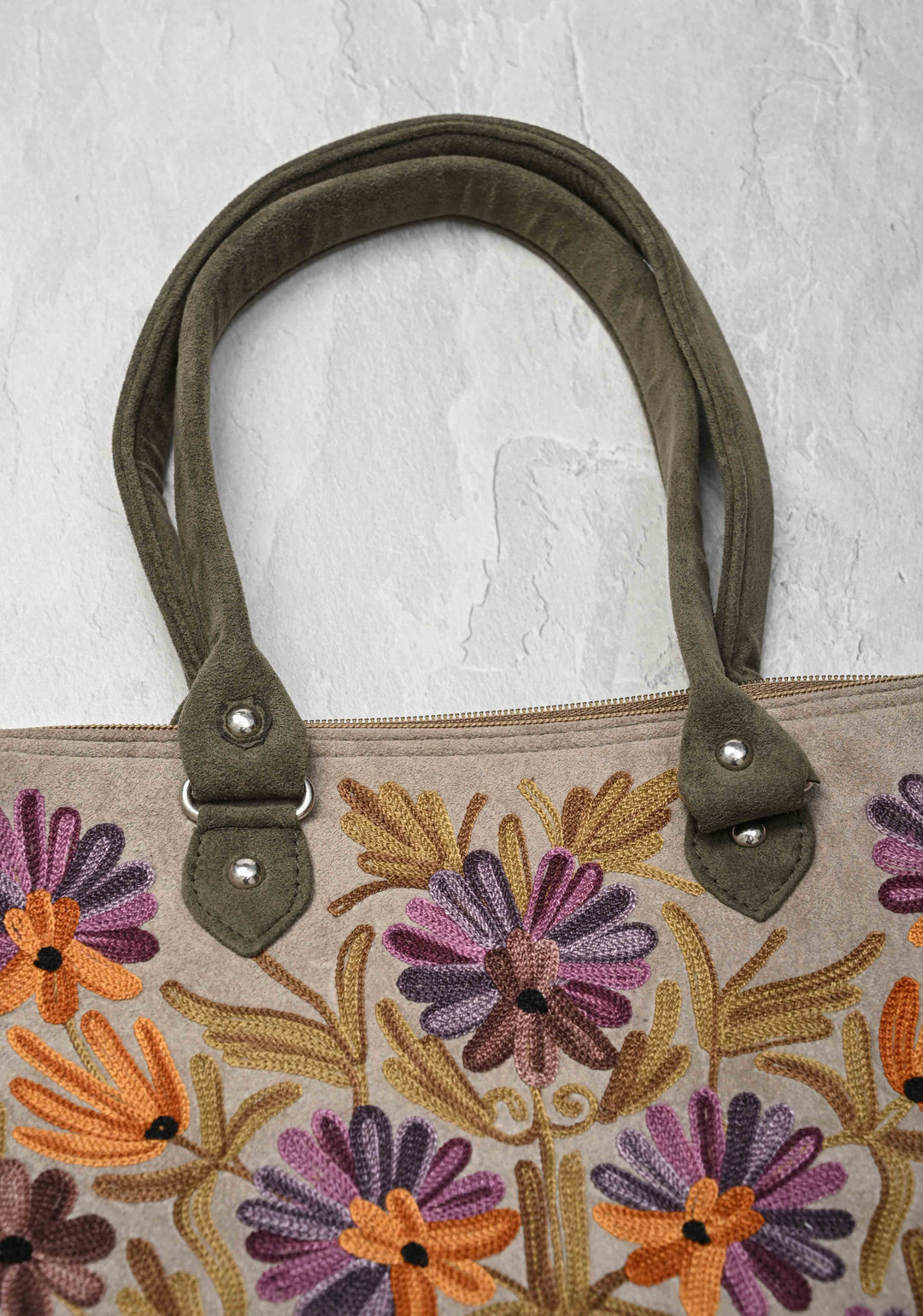 Exquisite Kashmiri Aari Embroidered Ladies Handbag in Taupe with Floral Design | SHOBITAM