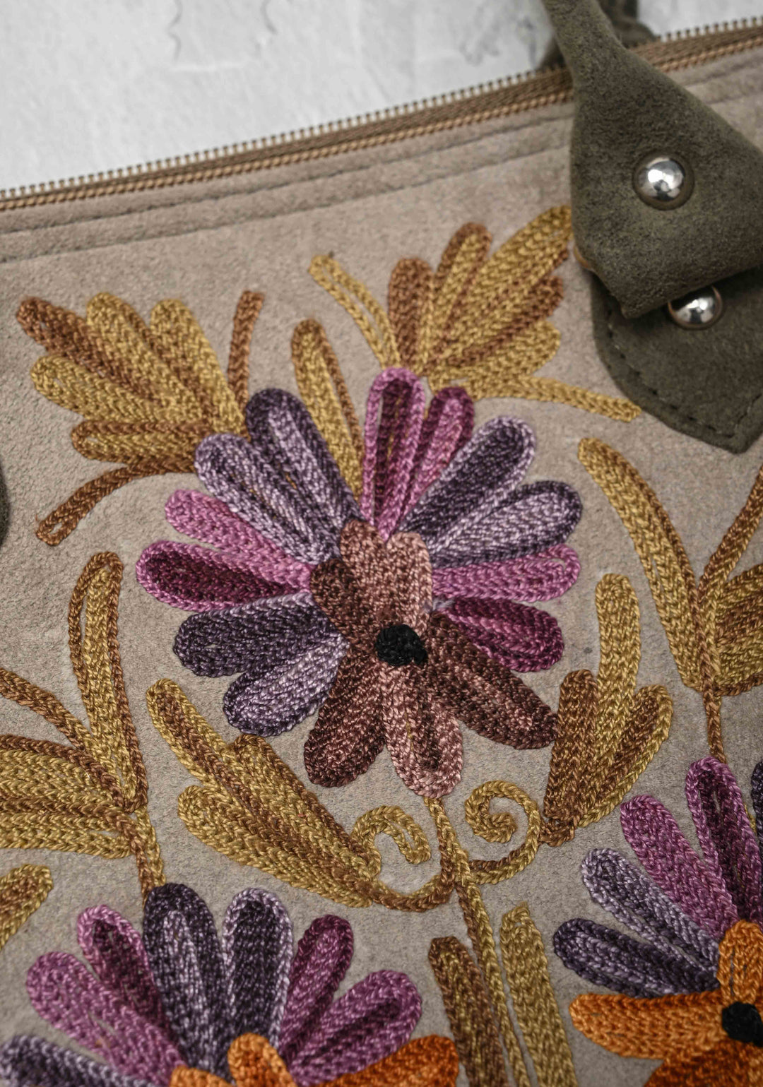 Exquisite Kashmiri Aari Embroidered Ladies Handbag in Taupe with Floral Design | SHOBITAM