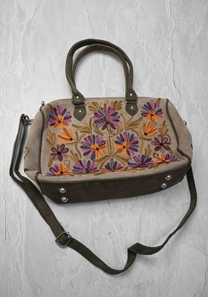 Exquisite Kashmiri Aari Embroidered Ladies Handbag in Taupe with Floral Design | SHOBITAM